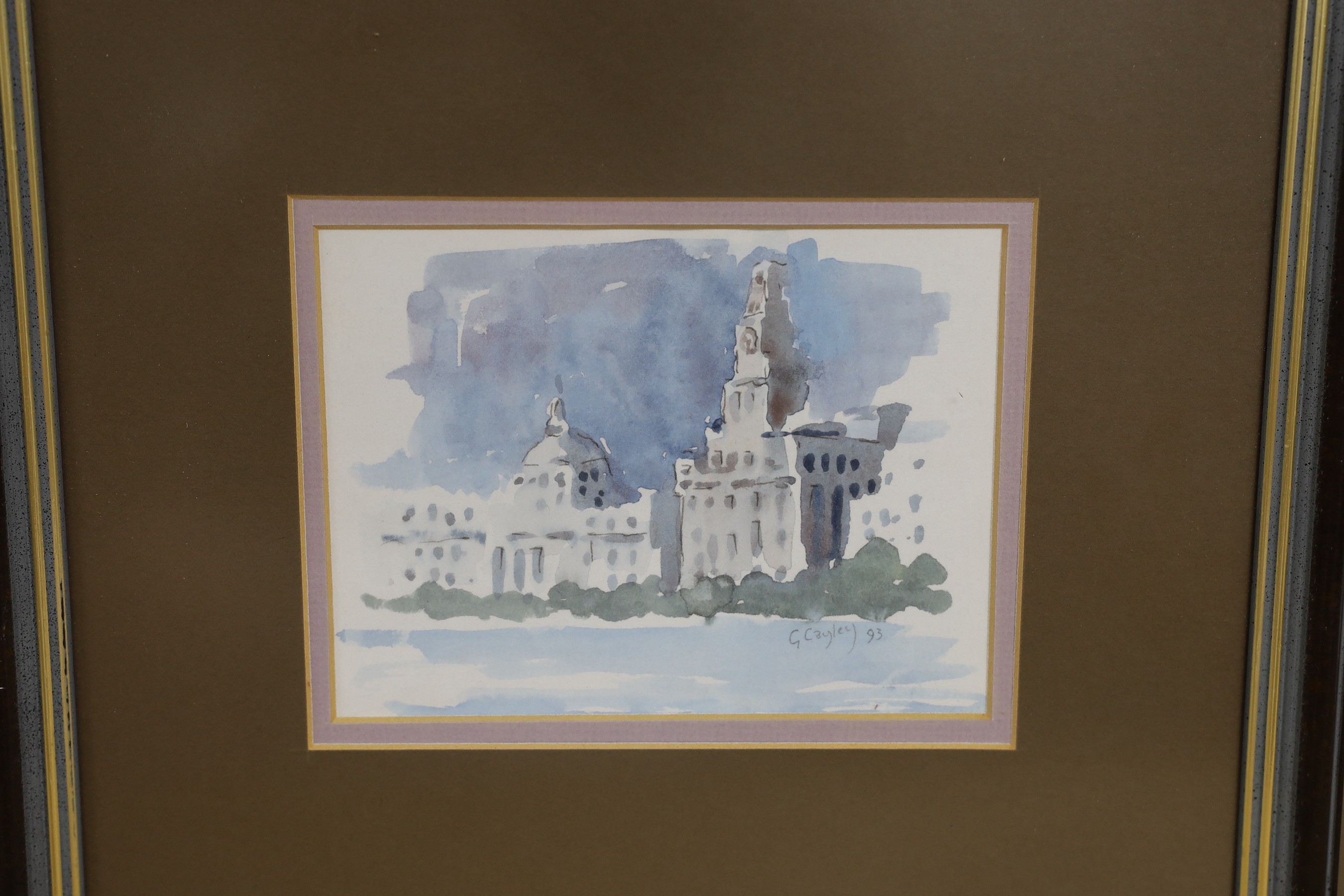 Granville Cayley, three watercolours, Carribbean beach scene, Thames view and View of a memorial, two signed and dated '92/'93, largest 13 x 18cm